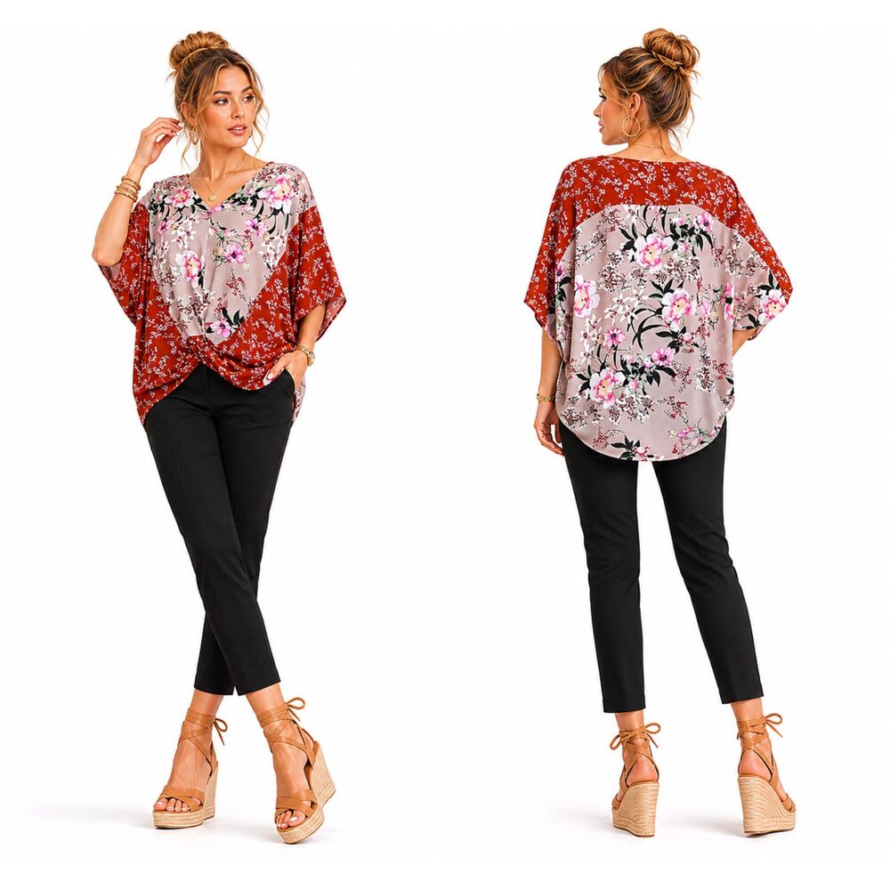 NWT UMGEE M 8 10 Cherry Blossom Dolman Sleeve V-Neck Top Center Knot Oversized